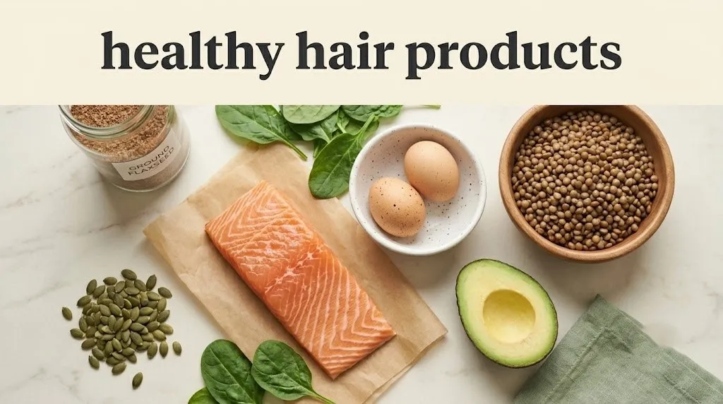 Overhead flat lay of foods for healthy hair products including salmon, eggs, spinach, and pumpkin seeds with article title text overlay.