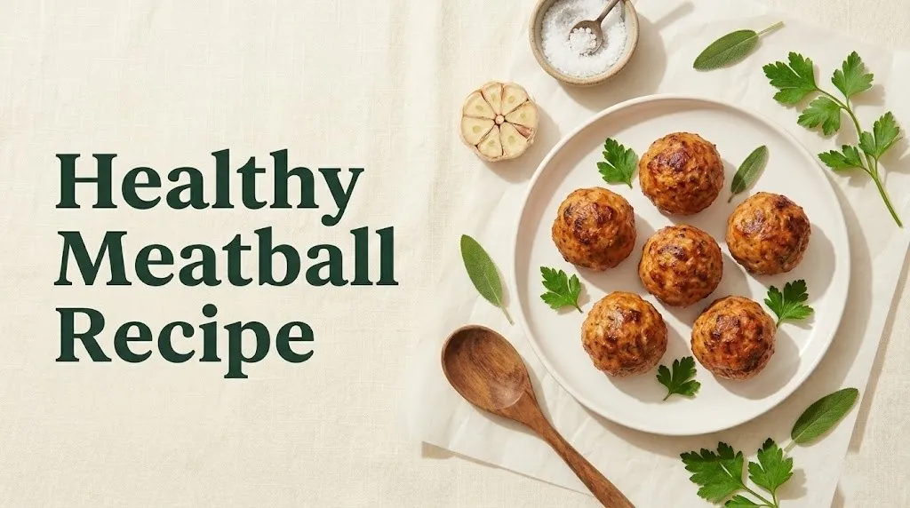 Overhead flat-lay of golden-brown baked healthy meatballs on white plate with fresh herbs and garlic, text reads Healthy Meatball Recipe