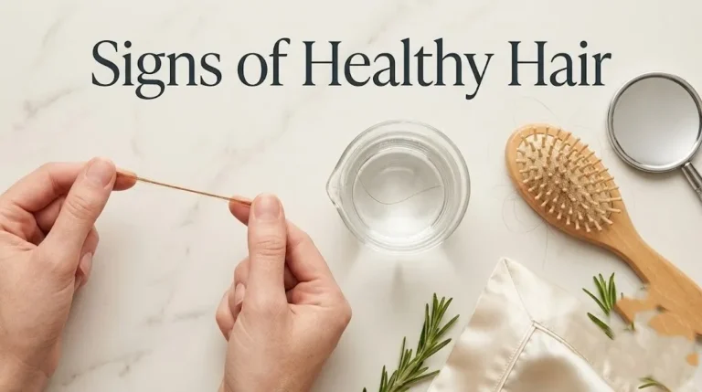 Overhead flat-lay of hair elasticity test between fingers, hair porosity float test in water glass and magnifying mirror with Signs of Healthy Hair title text.