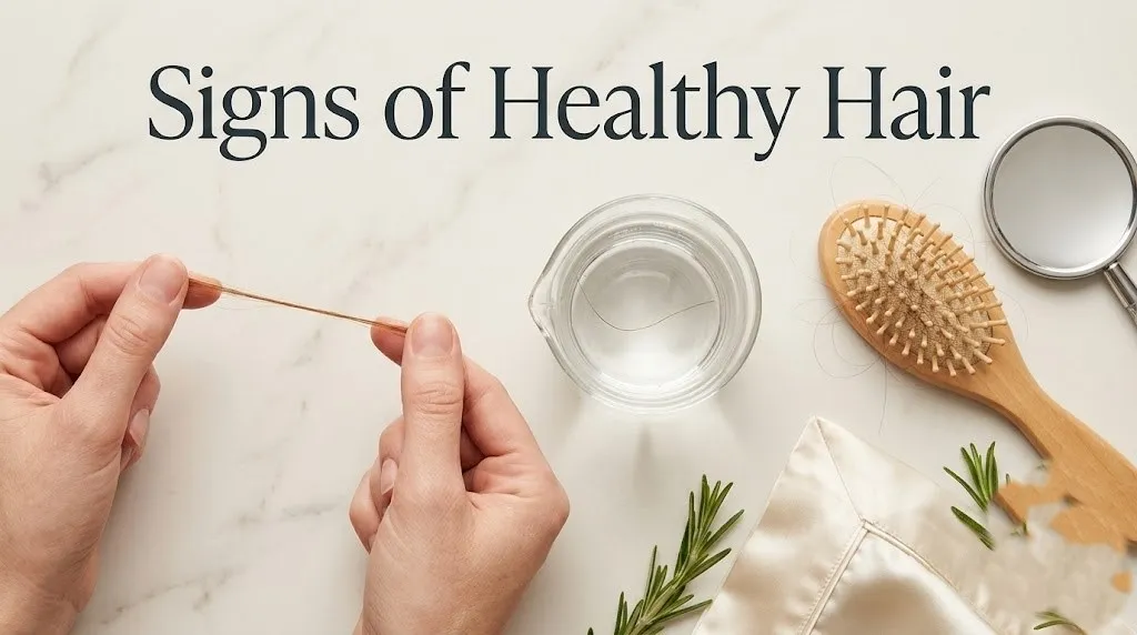 Overhead flat-lay of hair elasticity test between fingers, hair porosity float test in water glass and magnifying mirror with Signs of Healthy Hair title text.