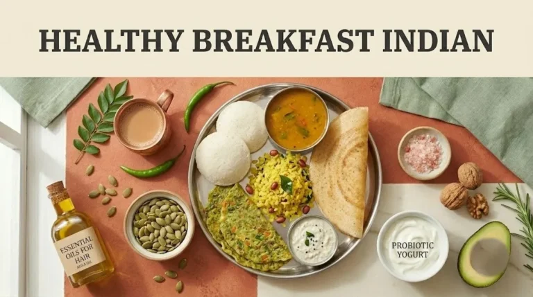 Overhead flat lay of healthy Indian breakfast foods on a thali including idli, dosa, chilla, poha, sambar, and chutney with article title text.