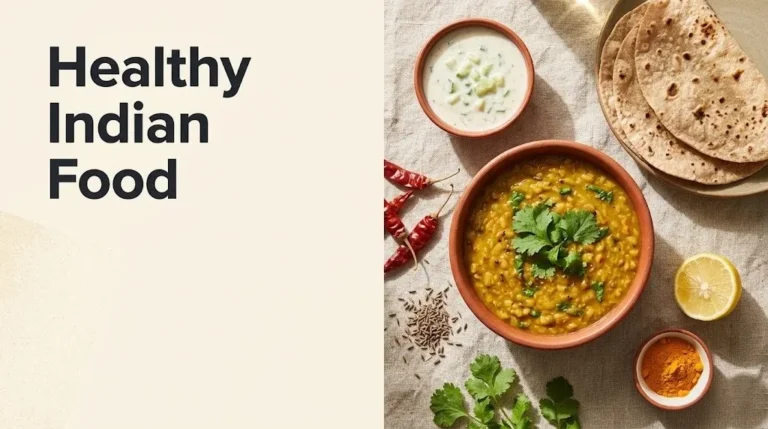 Overhead flat-lay of healthy Indian food dal, raita, whole wheat roti, turmeric, cumin, and coriander on linen