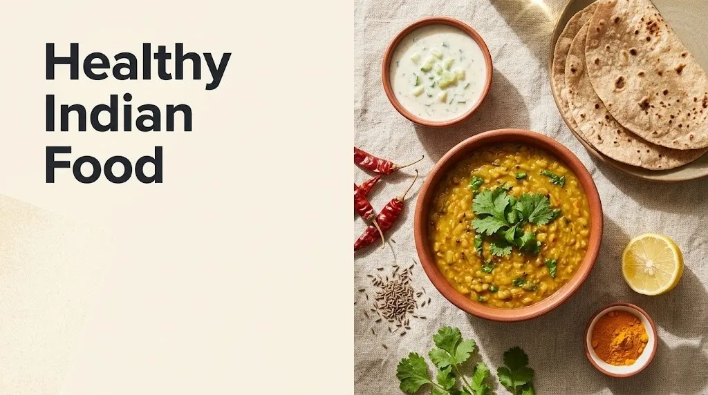 Overhead flat-lay of healthy Indian food dal, raita, whole wheat roti, turmeric, cumin, and coriander on linen