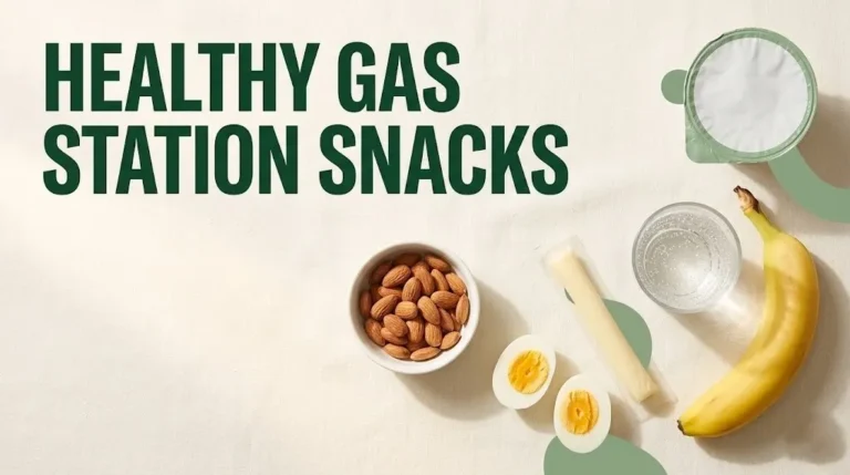 Overhead flat-lay of healthy gas station snacks including eggs, almonds, string cheese, and Greek yogurt on a light background.