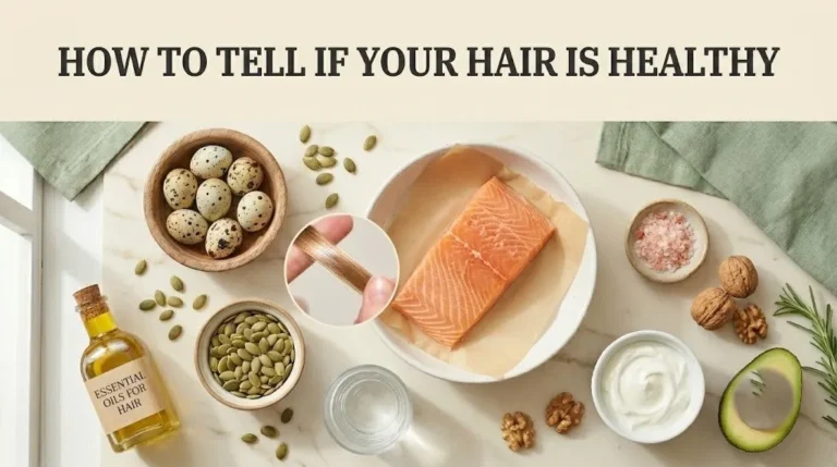 Overhead flat lay of healthy hair assessment with a single hair strand and seeds, with article title text asking how to tell if hair is healthy.