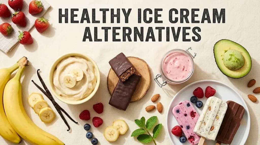 Overhead flat-lay of healthy ice cream alternatives including nice cream and Greek yogurt bars with the title Healthy Ice Cream Alternatives.