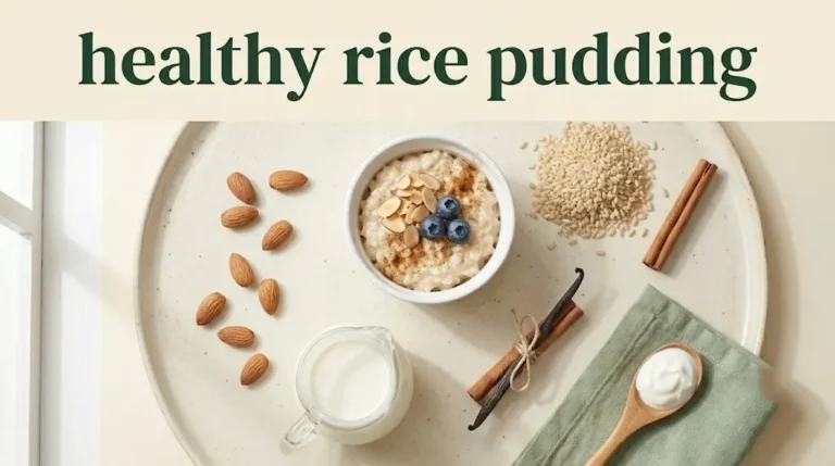 Overhead flat lay of healthy rice pudding in a ramekin with brown rice, Greek yogurt, cinnamon, and almonds, with article title text overlay.