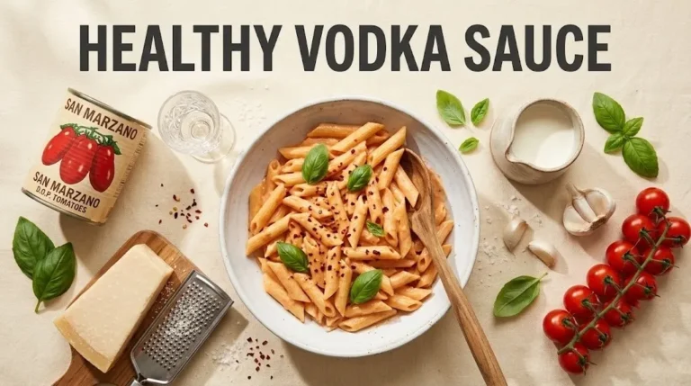 Overhead flat-lay of healthy vodka sauce penne pasta with ingredients including tomatoes, vodka, and Parmesan cheese.