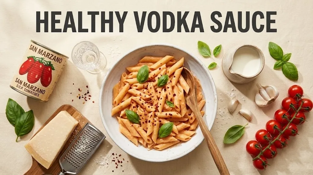 Overhead flat-lay of healthy vodka sauce penne pasta with ingredients including tomatoes, vodka, and Parmesan cheese.