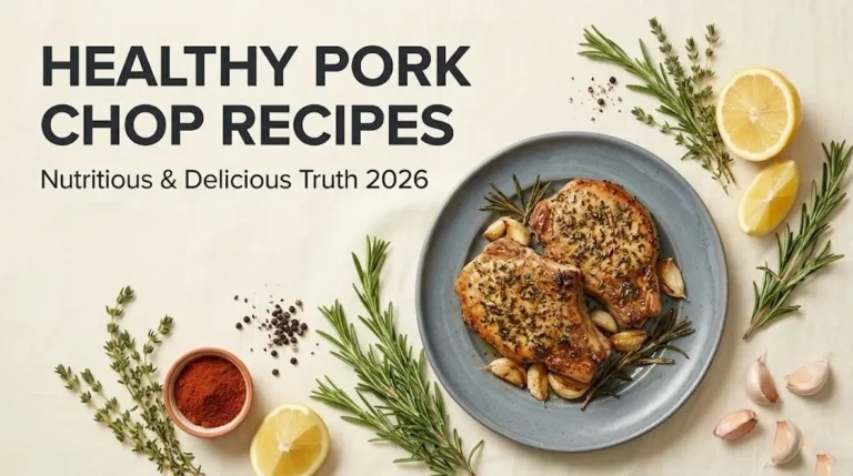 Overhead flat-lay of herb-baked healthy pork chop recipes on ceramic plate with rosemary and lemon, editorial food photo