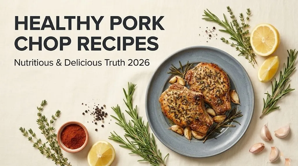 Overhead flat-lay of herb-baked healthy pork chop recipes on ceramic plate with rosemary and lemon, editorial food photo