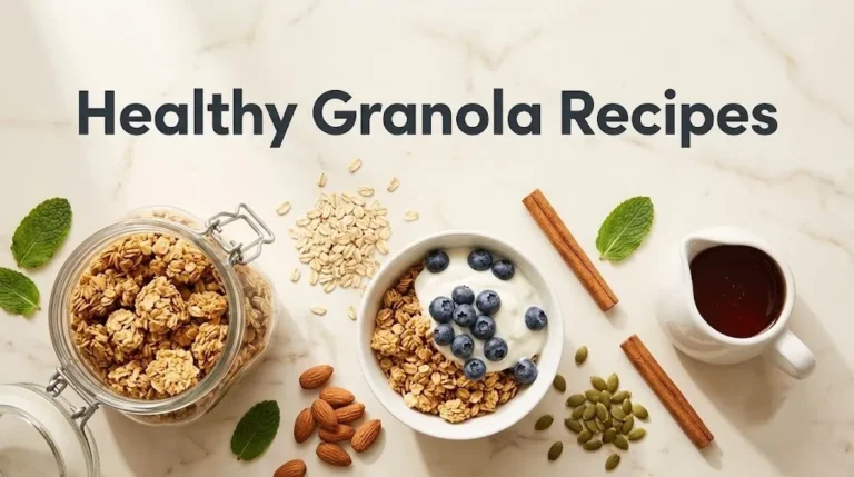 Overhead flat-lay of homemade granola in a jar and bowl with raw oats and maple syrup, with the headline Healthy Granola Recipes as text.