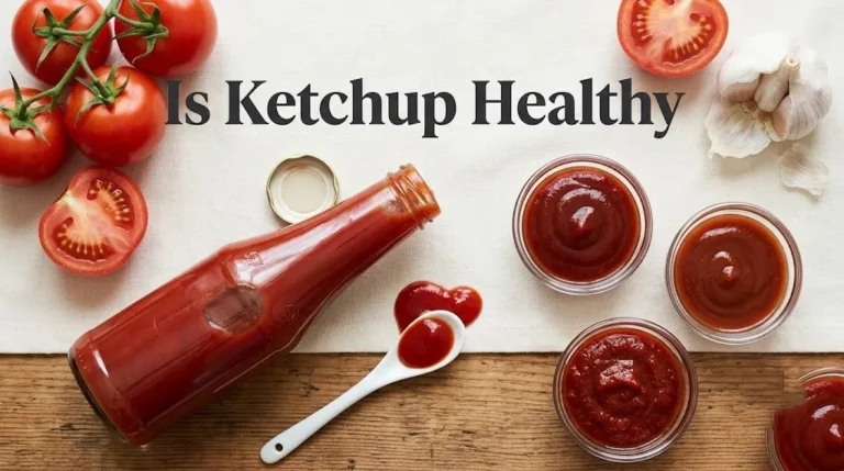 Overhead flat-lay of ketchup bottle and ramekins of different ketchup varieties with fresh tomatoes and Is Ketchup Healthy title text.