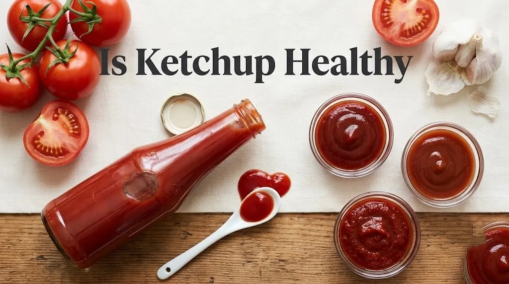 Overhead flat-lay of ketchup bottle and ramekins of different ketchup varieties with fresh tomatoes and Is Ketchup Healthy title text.
