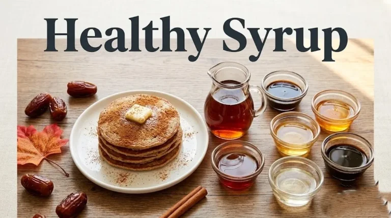 Overhead flat-lay of maple syrup pitcher, pancakes, and ramekins of date syrup, honey and molasses with Healthy Syrup title text in charcoal.