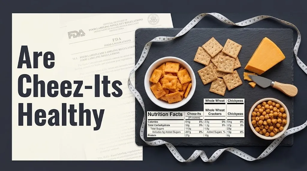 Overhead flat lay of measured Cheez-Its portion with whole wheat crackers and cheese, asking are Cheez-Its healthy for 2026.
