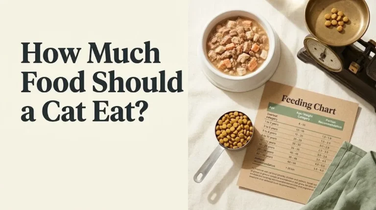 Overhead flat-lay of measured cat food portions in bowl and cup with the text How Much Food Should a Cat Eat as the banner headline.