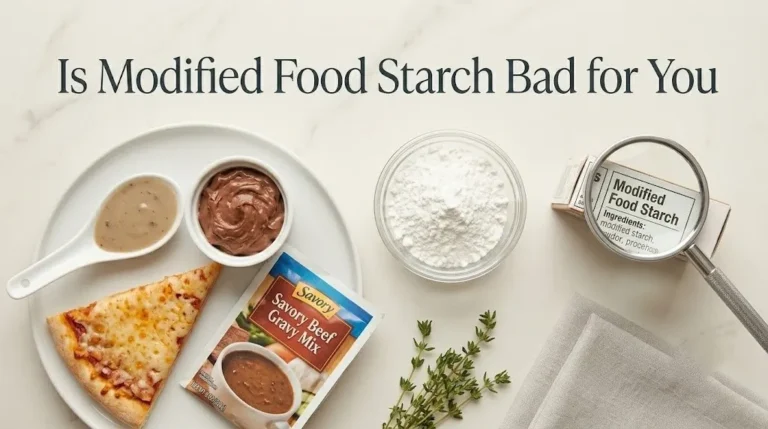 Overhead flat-lay of modified food starch powder and a magnifying glass on an ingredient label with Is Modified Food Starch Bad for You title text.