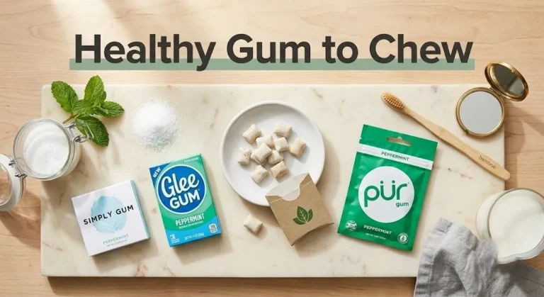 Overhead flat-lay of natural chewing gum pieces with Simply Gum and xylitol. Text reads Healthy Gum to Chew.