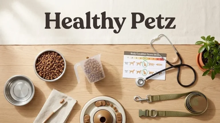 Overhead flat-lay of pet food bowl, measuring cup, body condition chart, stethoscope and leash with Healthy Petz title text in