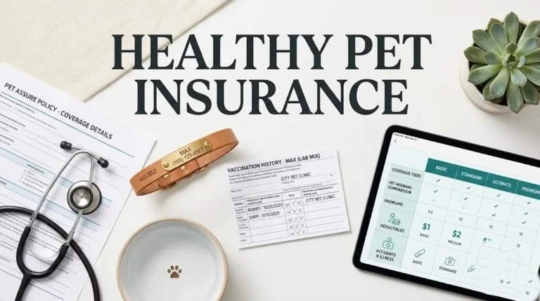 Overhead flat-lay of pet insurance documents, stethoscope, dog collar, and vaccination card with Healthy Pet Insurance title text in bold charcoal.