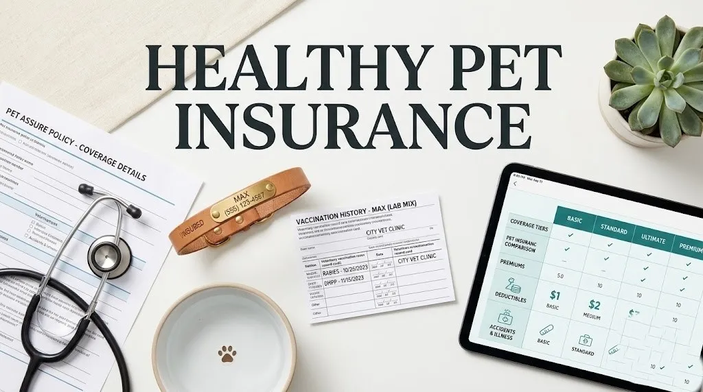 Overhead flat-lay of pet insurance documents, stethoscope, dog collar, and vaccination card with Healthy Pet Insurance title text in bold charcoal.