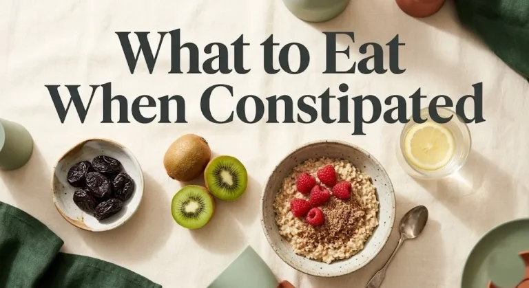 Overhead flat-lay of prunes, kiwifruit, oatmeal with berries, and warm lemon water for constipation relief.