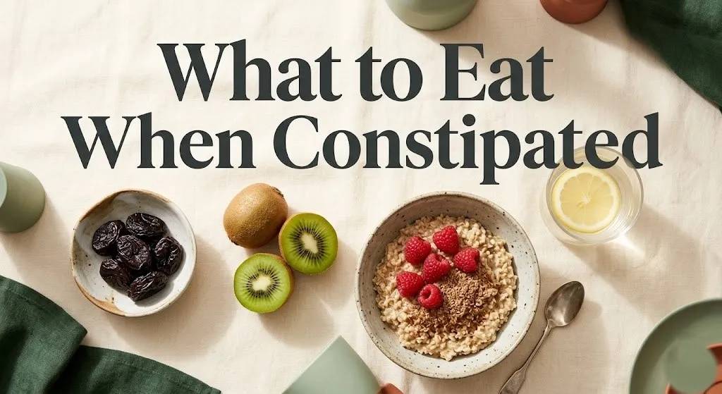 Overhead flat-lay of prunes, kiwifruit, oatmeal with berries, and warm lemon water for constipation relief.