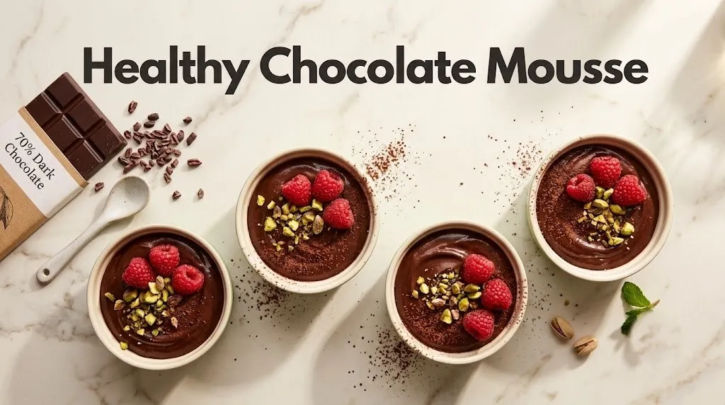 Overhead flat-lay of ramekins filled with healthy chocolate mousse topped with raspberries and pistachios.