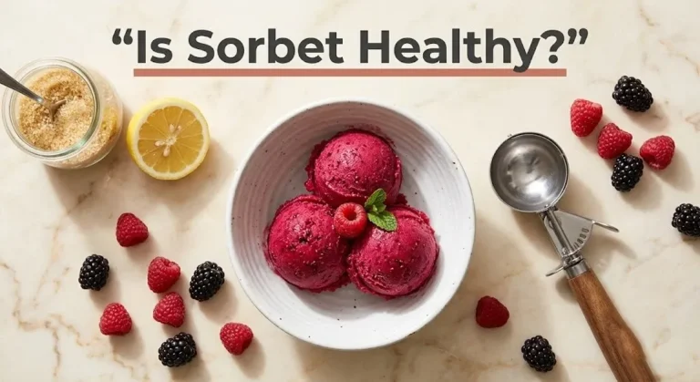 Overhead flat-lay of raspberry sorbet in a white bowl with fresh berries and sugar. Text reads Is Sorbet Healthy.