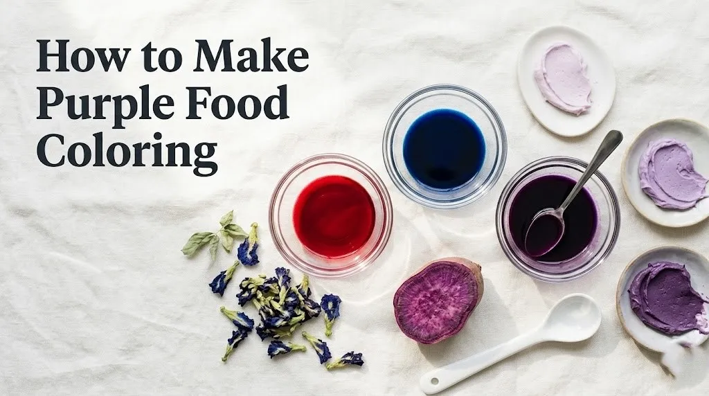 Overhead flat-lay of red, blue, and purple food dye bowls with frosting swatches showing how to make purple food coloring