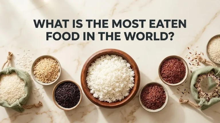 Overhead flat-lay of rice varieties in bowls with the headline What Is the Most Eaten Food in the World displayed as bold text overlay.