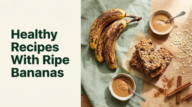 Overhead flat-lay of ripe bananas and banana oat bars with text overlay reading healthy recipes with ripe bananas