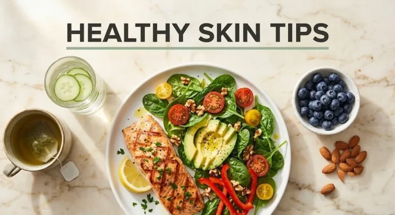 Overhead flat-lay of salmon, spinach salad with avocado and walnuts, green tea, and blueberries. Text reads Healthy Skin Tips.