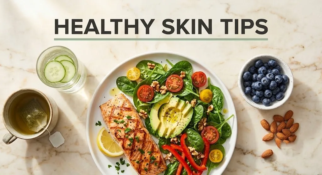 Overhead flat-lay of salmon, spinach salad with avocado and walnuts, green tea, and blueberries. Text reads Healthy Skin Tips.