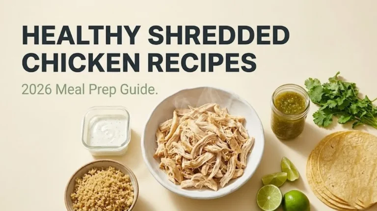Overhead flat-lay of shredded chicken in bowl with quinoa, sauces, tortillas, and lime. Headline reads Healthy Shredded Chicken Recipes.
