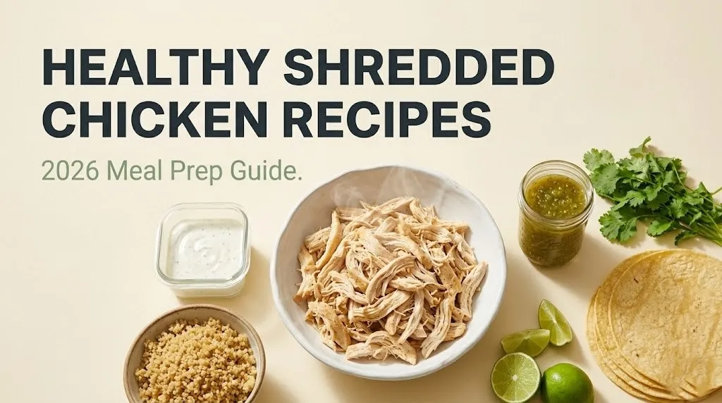 Overhead flat-lay of shredded chicken in bowl with quinoa, sauces, tortillas, and lime. Headline reads Healthy Shredded Chicken Recipes.