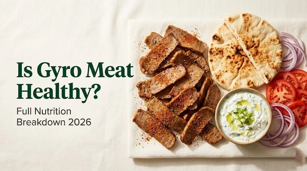 Overhead flat-lay of sliced gyro meat with pita, tzatziki, and fresh vegetables, titled Is Gyro Meat Healthy on cream background.