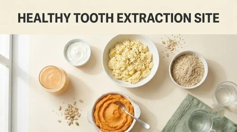 Overhead flat lay of soft foods safe for a healthy tooth extraction site including yogurt, eggs, and smoothie with article title text.