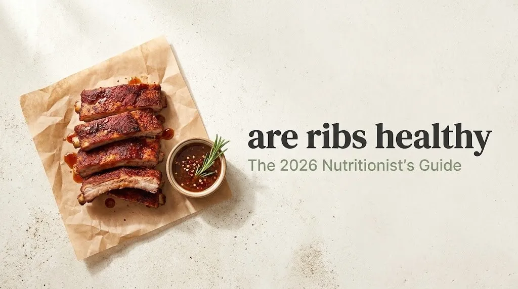 Overhead flat-lay of spice-crusted baby back ribs on butcher paper next to the bold text are ribs healthy.