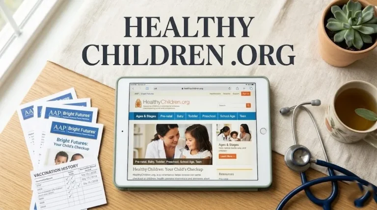 Overhead flat-lay of tablet displaying HealthyChildren.org, AAP handouts and vaccination card with Healthy Children .org title text in bold charcoal.