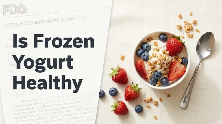Overhead flat lay of tart frozen yogurt with fresh berries and granola, asking is frozen yogurt healthy for 2026.