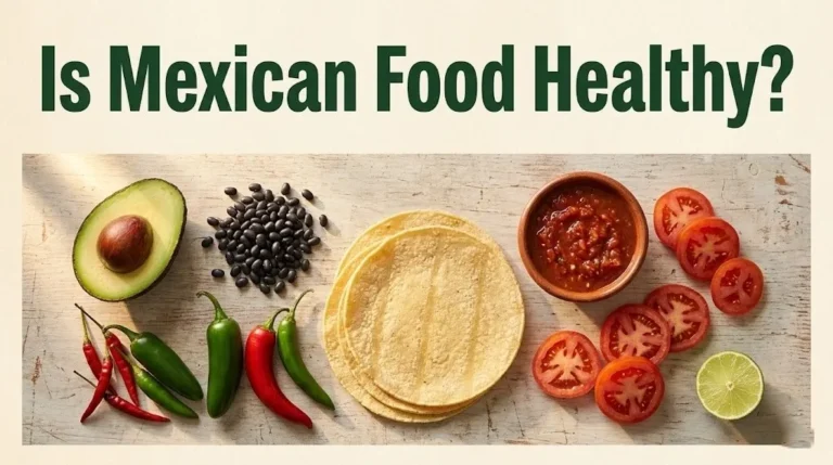 Overhead flat-lay of traditional Mexican food ingredients including avocado, black beans, corn tortillas, and salsa with text Is Mexican Food Healthy