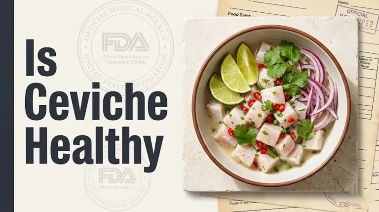 Overhead flat-lay of traditional fish ceviche with lime and vegetables, asking is ceviche healthy for 2026.