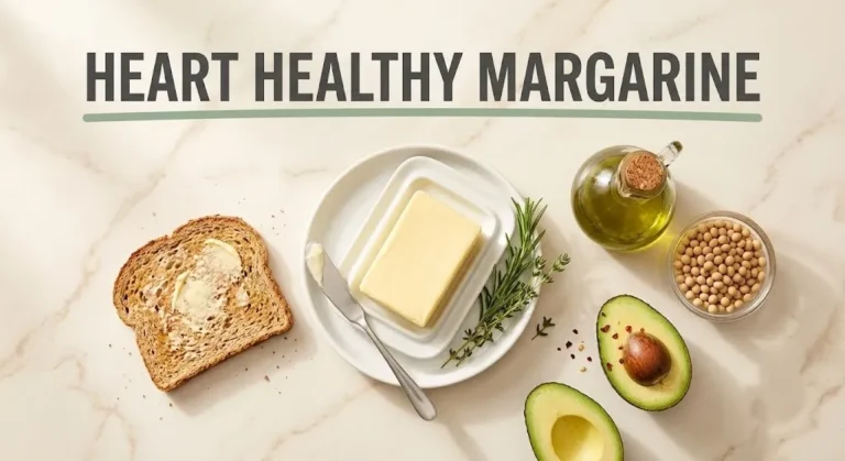 Overhead flat-lay of tub margarine on a butter dish with whole grain toast and soybeans. Text reads Heart Healthy Margarine.