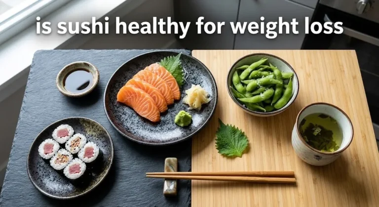 Overhead flat lay of weight loss friendly sushi with salmon sashimi and green tea, with article title asking is sushi healthy for weight loss.
