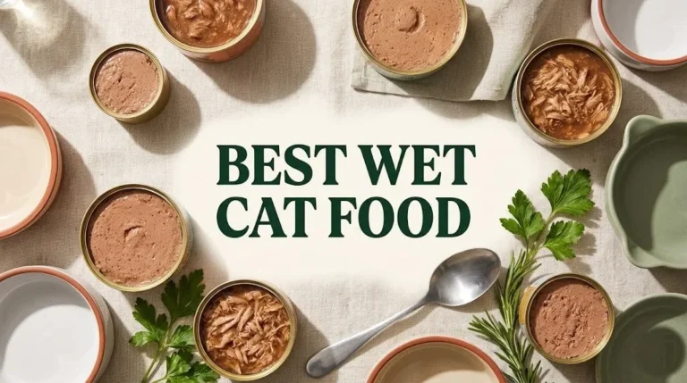 Overhead flat-lay of wet cat food in open cans and ceramic bowls with text reading Best Wet Cat Food on cream background.