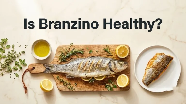 Overhead flat-lay of whole roasted branzino and a seared fillet with lemons and olive oil, with the headline Is Branzino Healthy as text overlay.