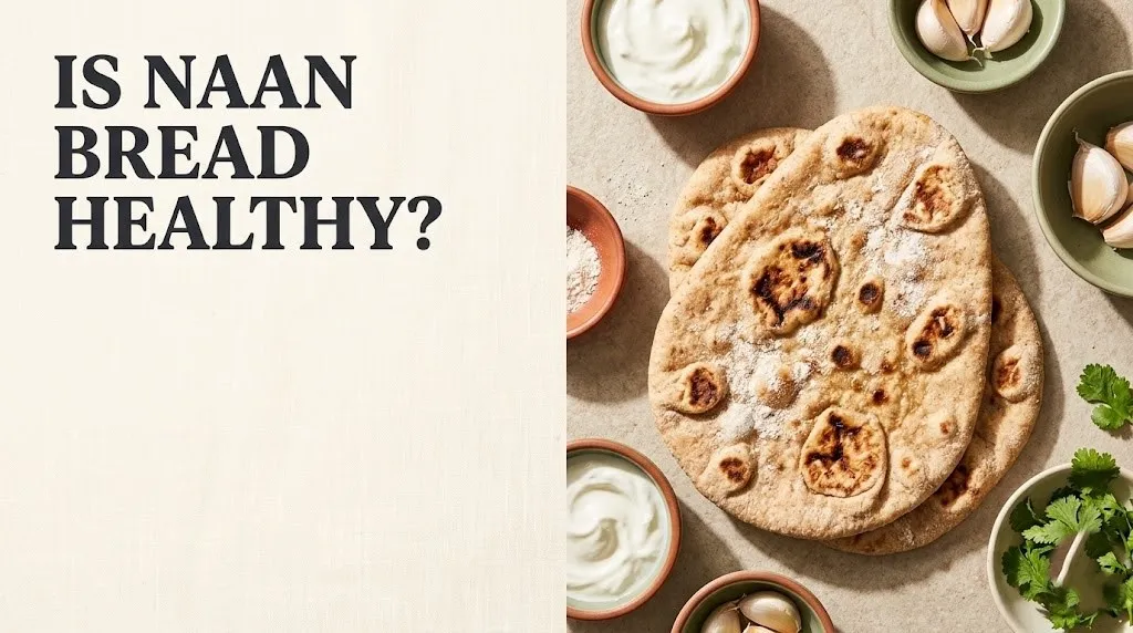Overhead flat-lay of whole wheat naan bread with garlic and herbs, titled Is Naan Bread Healthy on cream background.