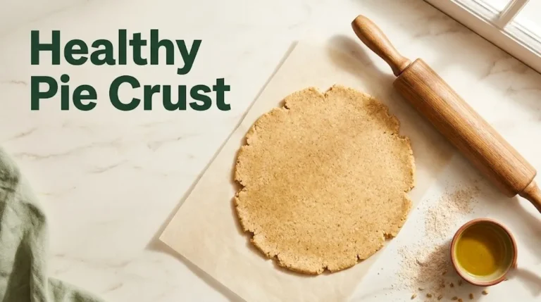 Overhead flat-lay of whole-wheat pie dough, olive oil, and rolling pin with the headline Healthy Pie Crust in bold green type.